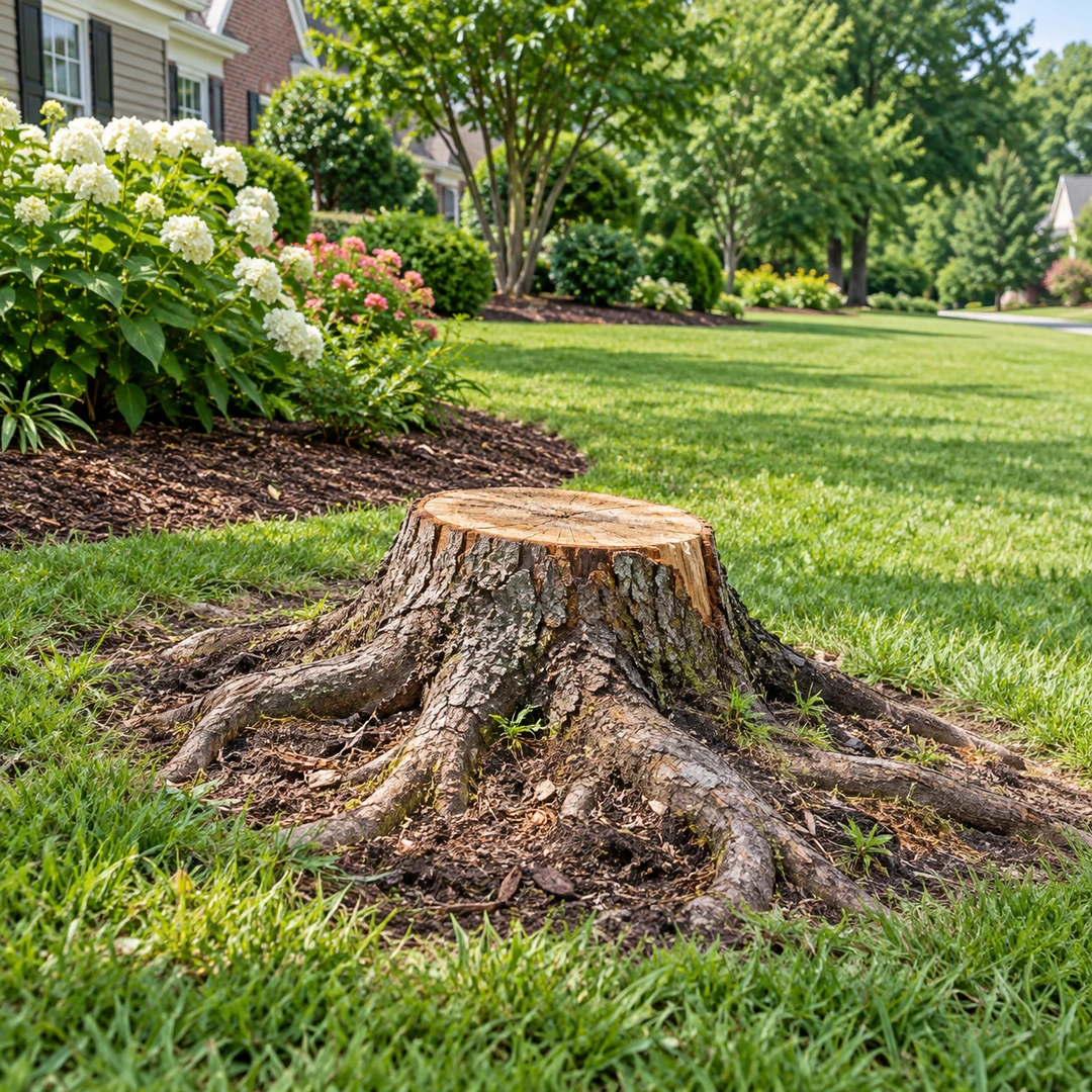 Short stump with natural roots beside a planting bed