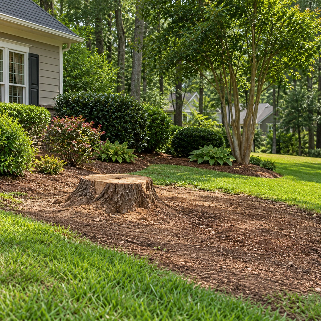 Cleared tree area with a low stump and bare soil patch