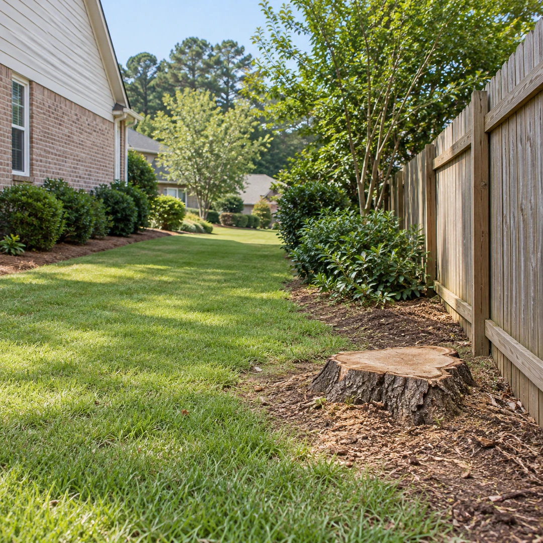 Low stump beside a fence with open lawn access