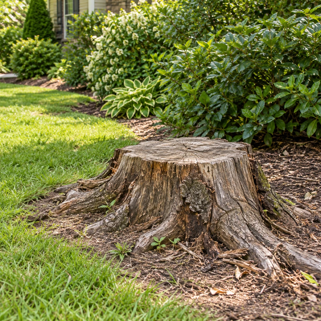 Weathered low stump at the edge of a lawn