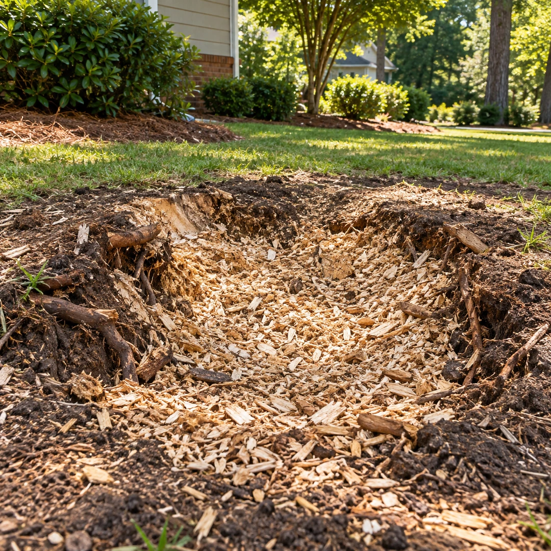 Freshly ground stump area containing wood chips and root edges