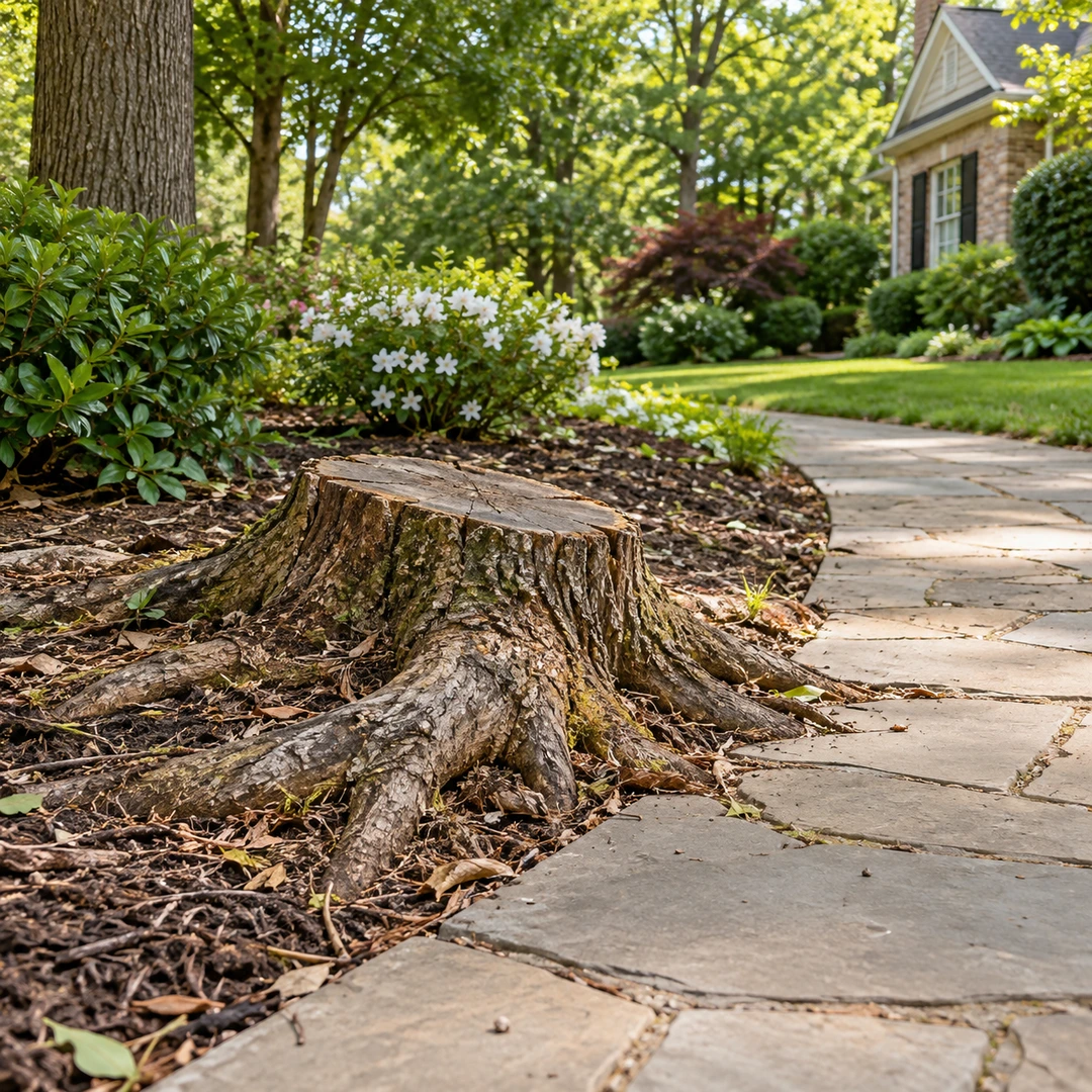 Stump and raised roots beside a stone garden path