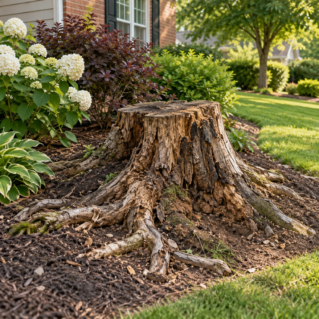 Old stump with natural exposed roots beside a flower bed