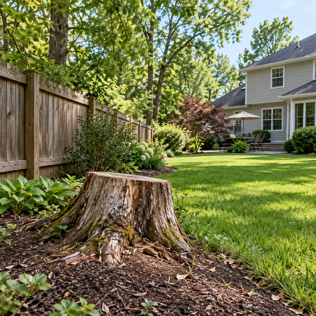 Weathered low stump near a fence with lawn access