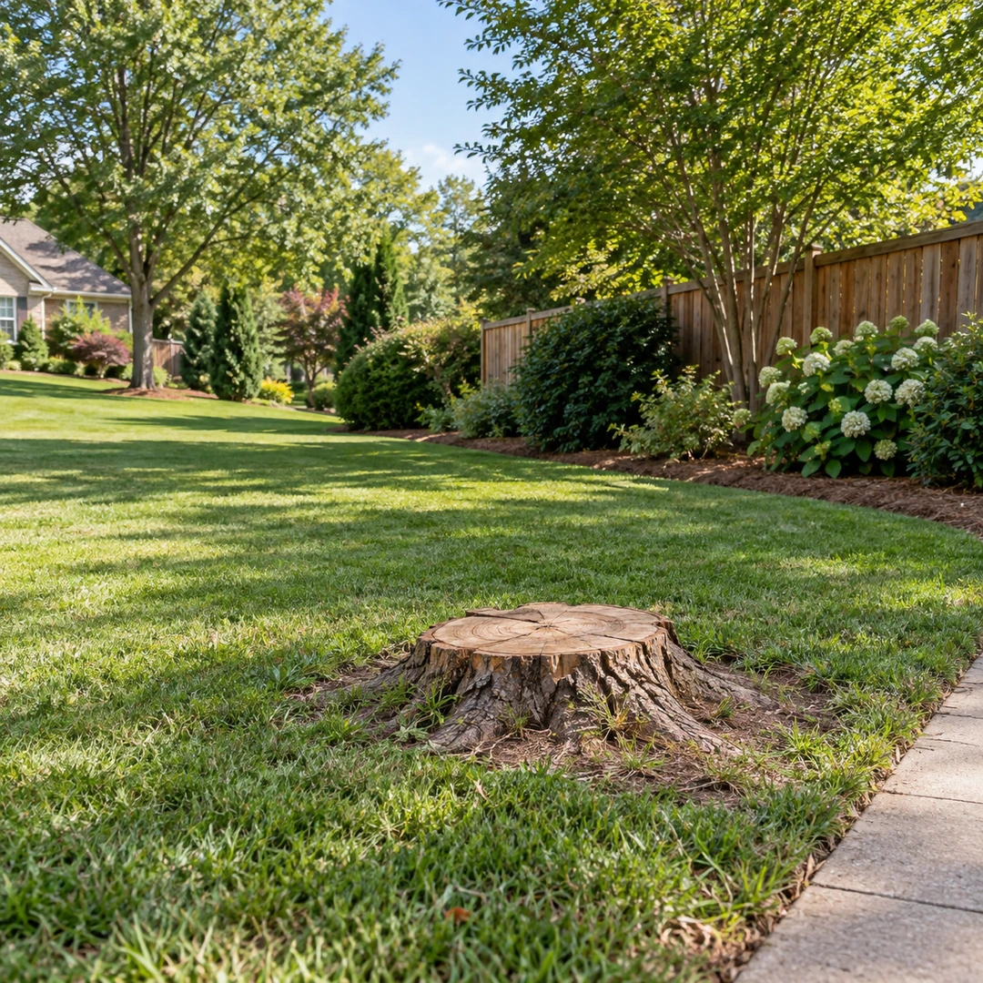 Low stump near a lawn path and wooden fence