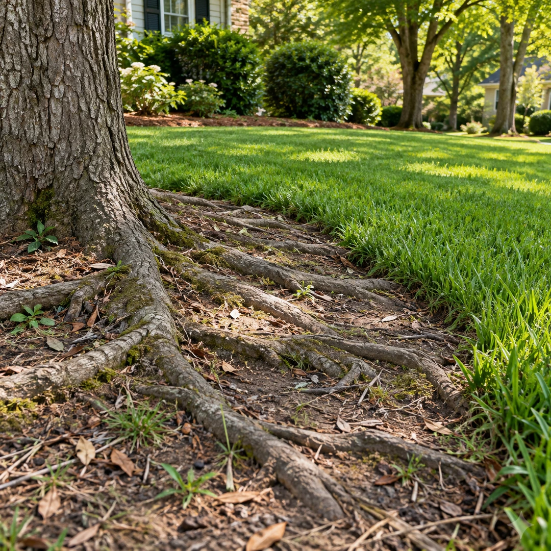 Raised natural tree roots across soil at a lawn edge