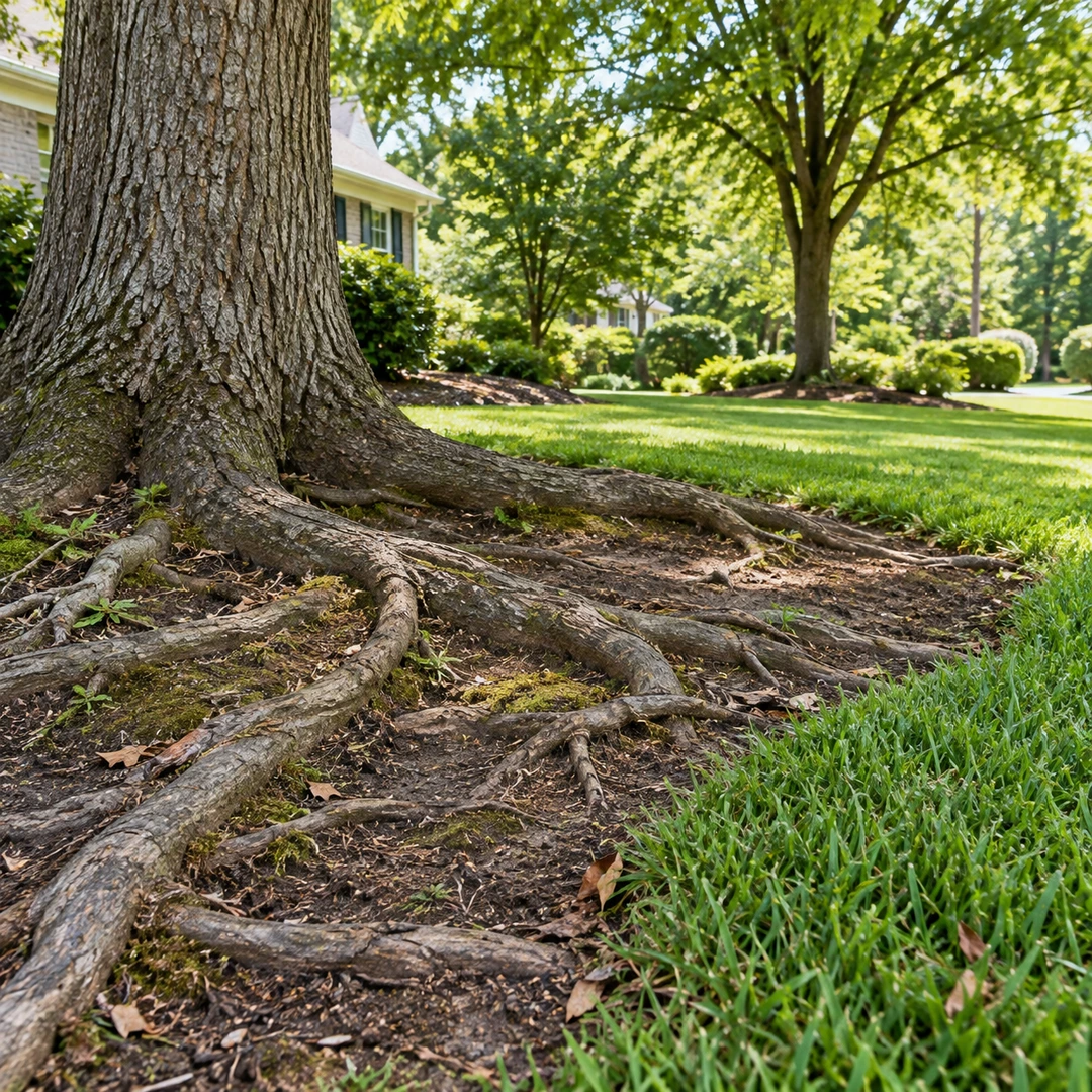 Natural shallow roots exposed beneath a mature tree