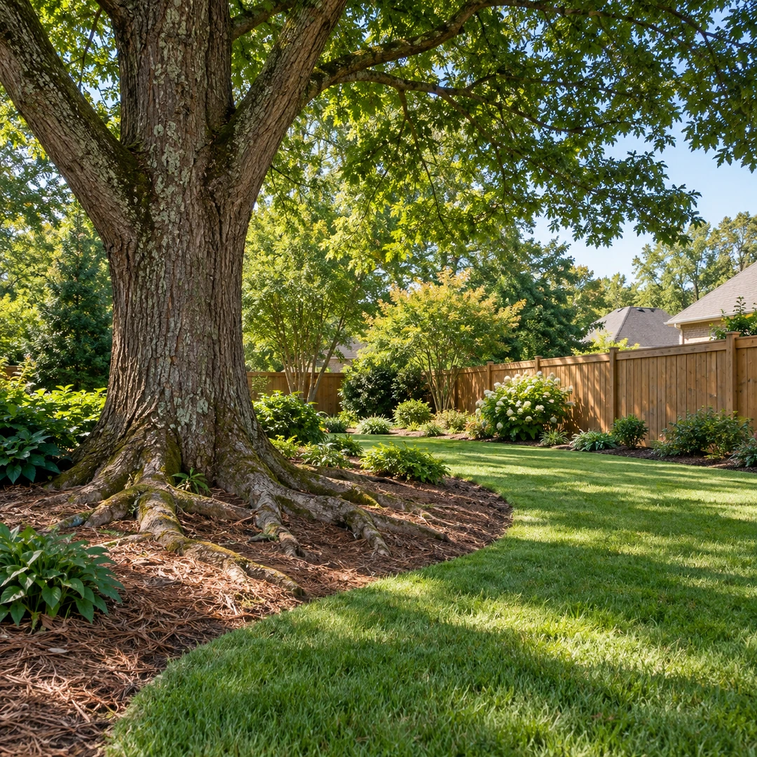 Mature tree with exposed roots beside a lawn route