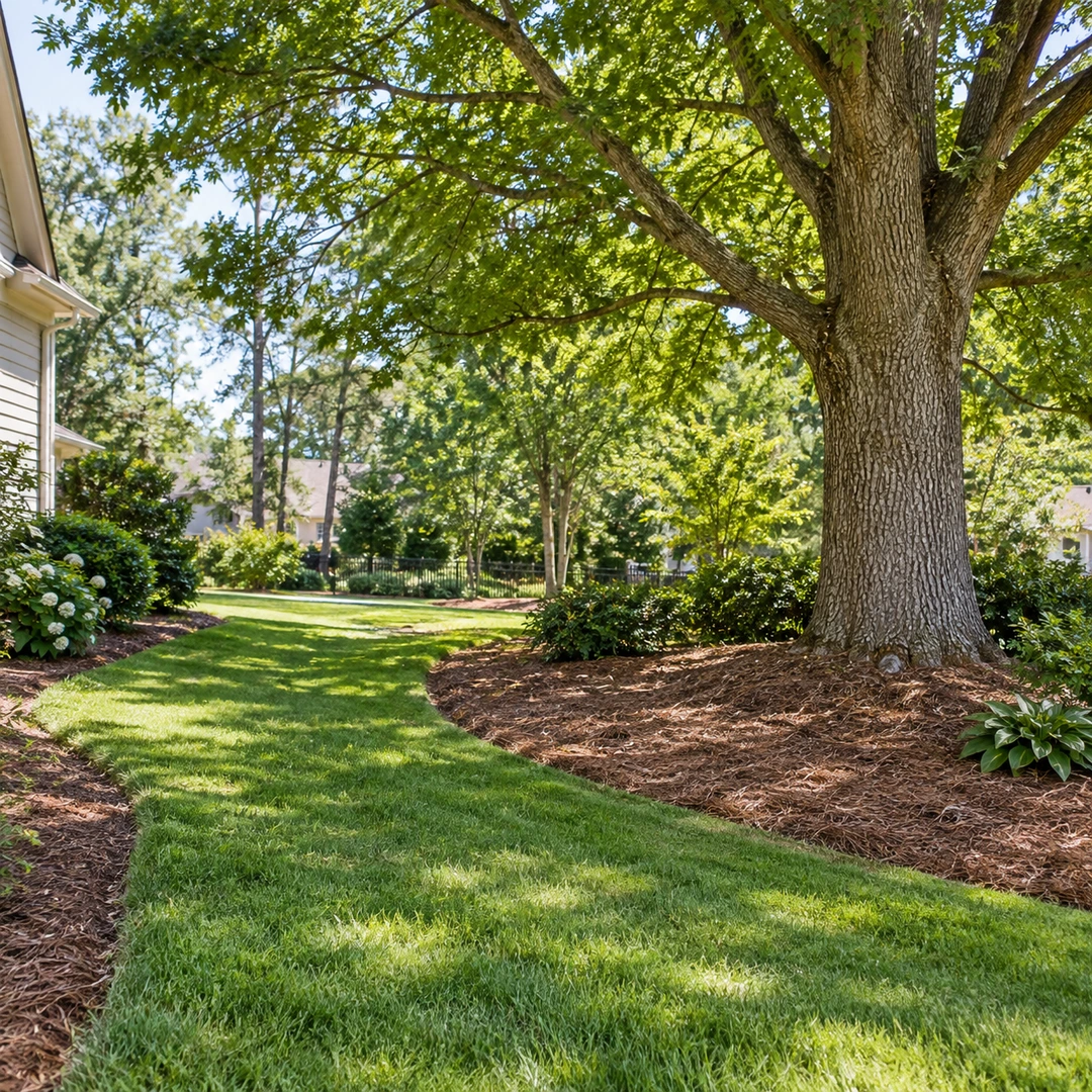 Retained healthy tree beside a usable lawn path