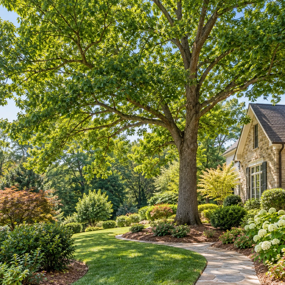 Retained shade tree beside a landscaped lawn path