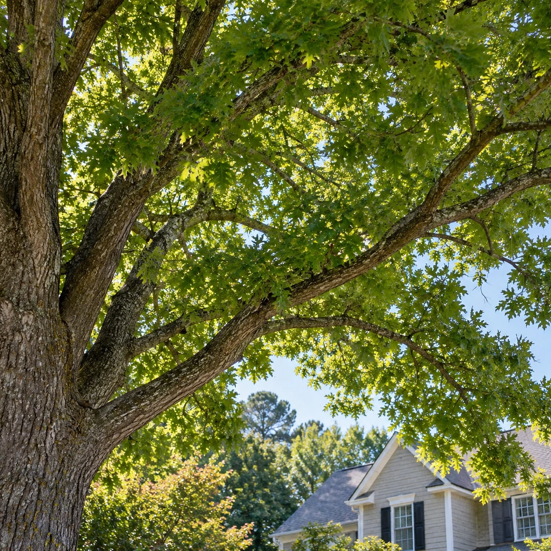 Healthy natural lateral branches above a suburban yard
