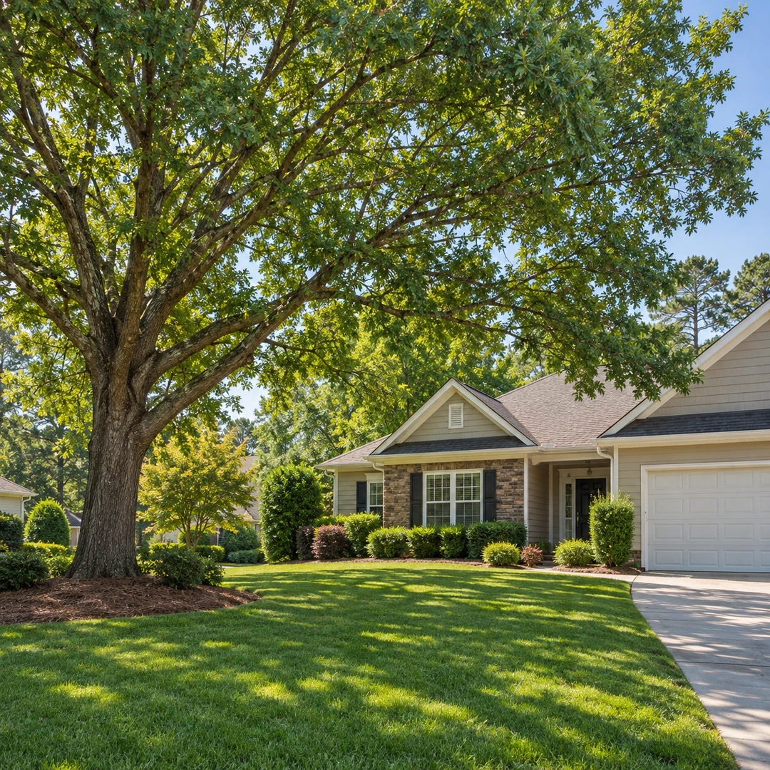 Mature leafy tree beside a residential lawn and driveway