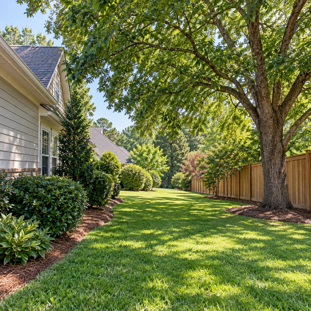 Mature shade tree beside a clear side lawn and fence