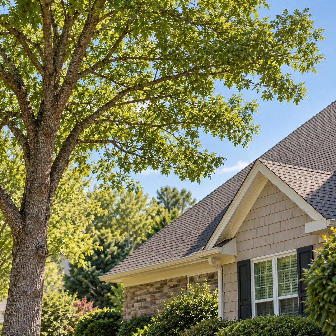 Healthy branches separated from a shingled roof edge