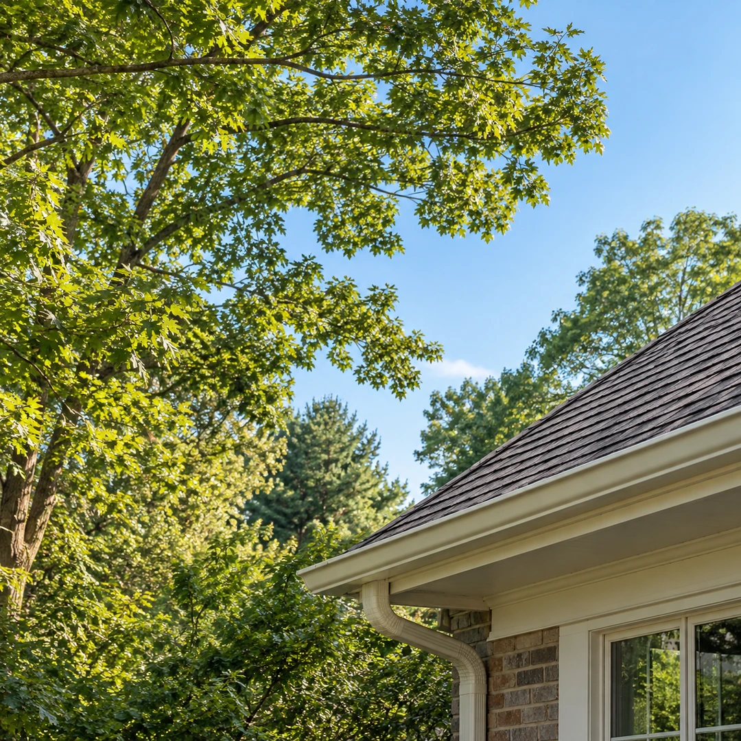Clear gap between leafy branches and a roof gutter