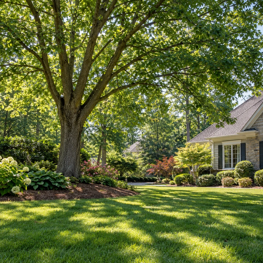 Balanced shade tree casting dappled light on lawn