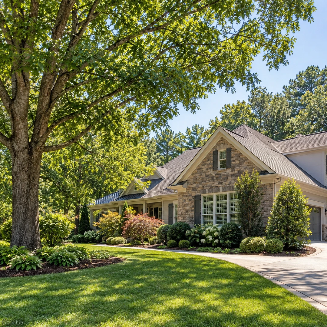 House roofline and mature tree beside lawn access