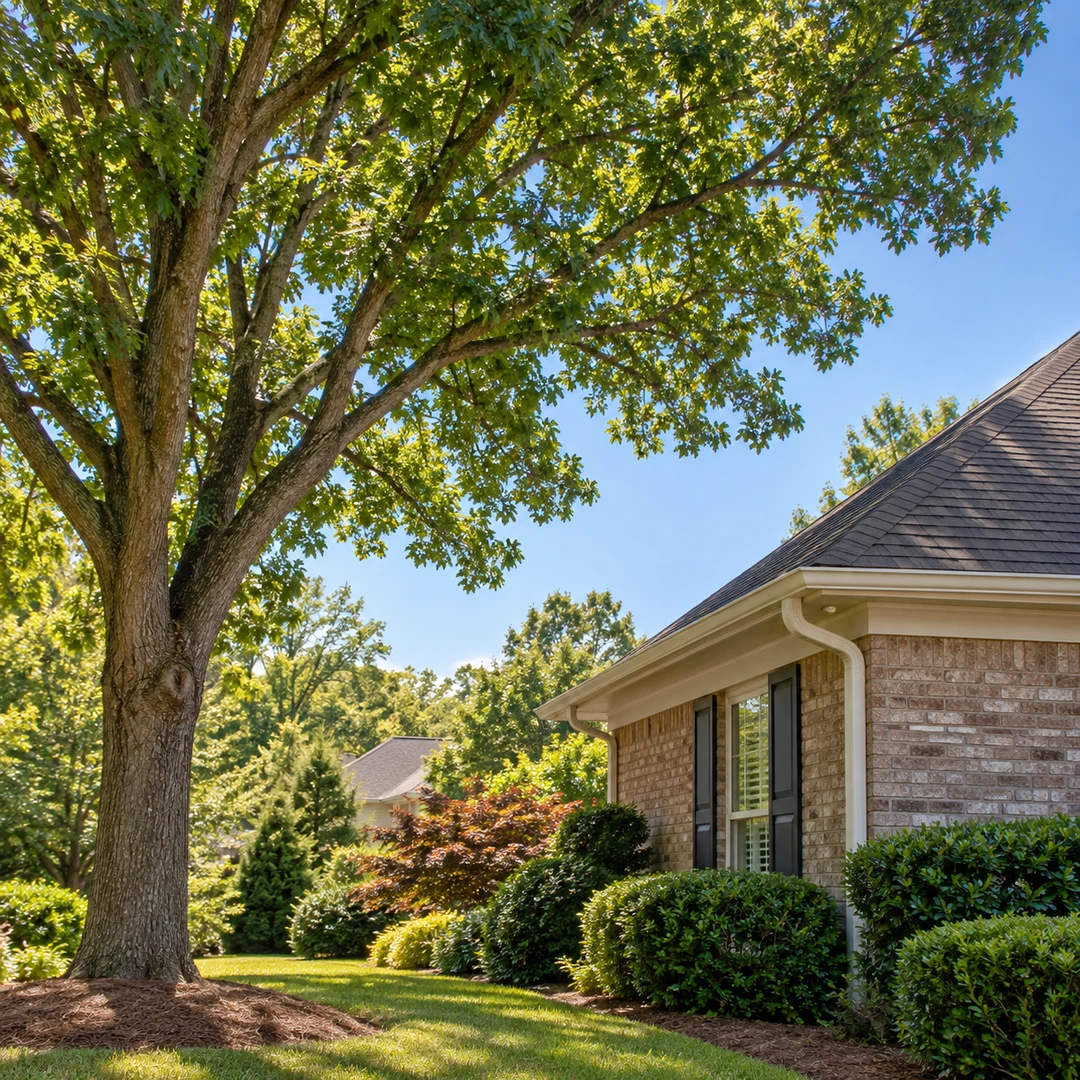 Mature tree with useful clearance beside a house roof