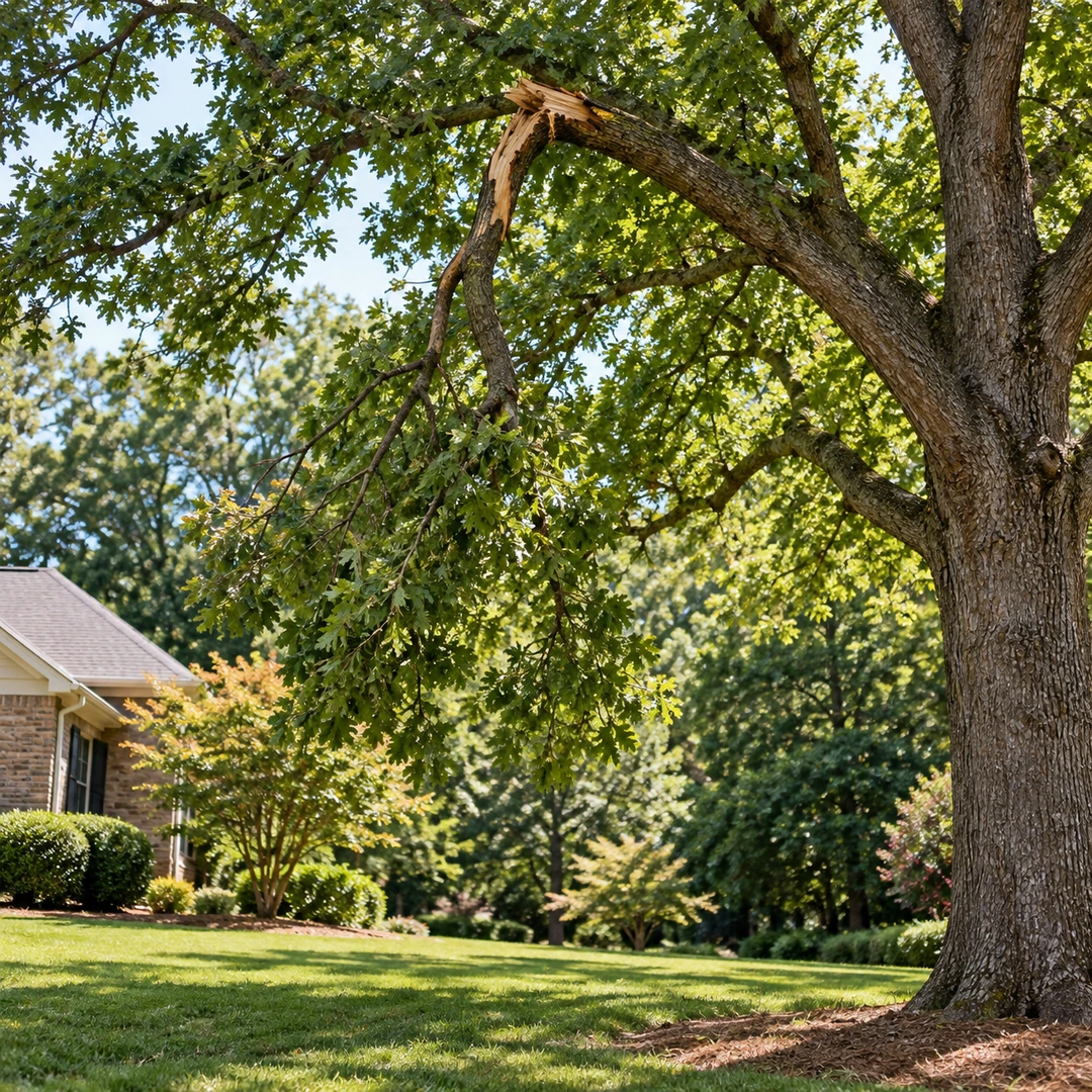Cracked lateral limb hanging above an empty lawn