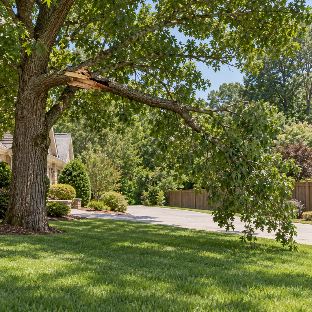 Cracked hanging limb above a clear suburban lawn