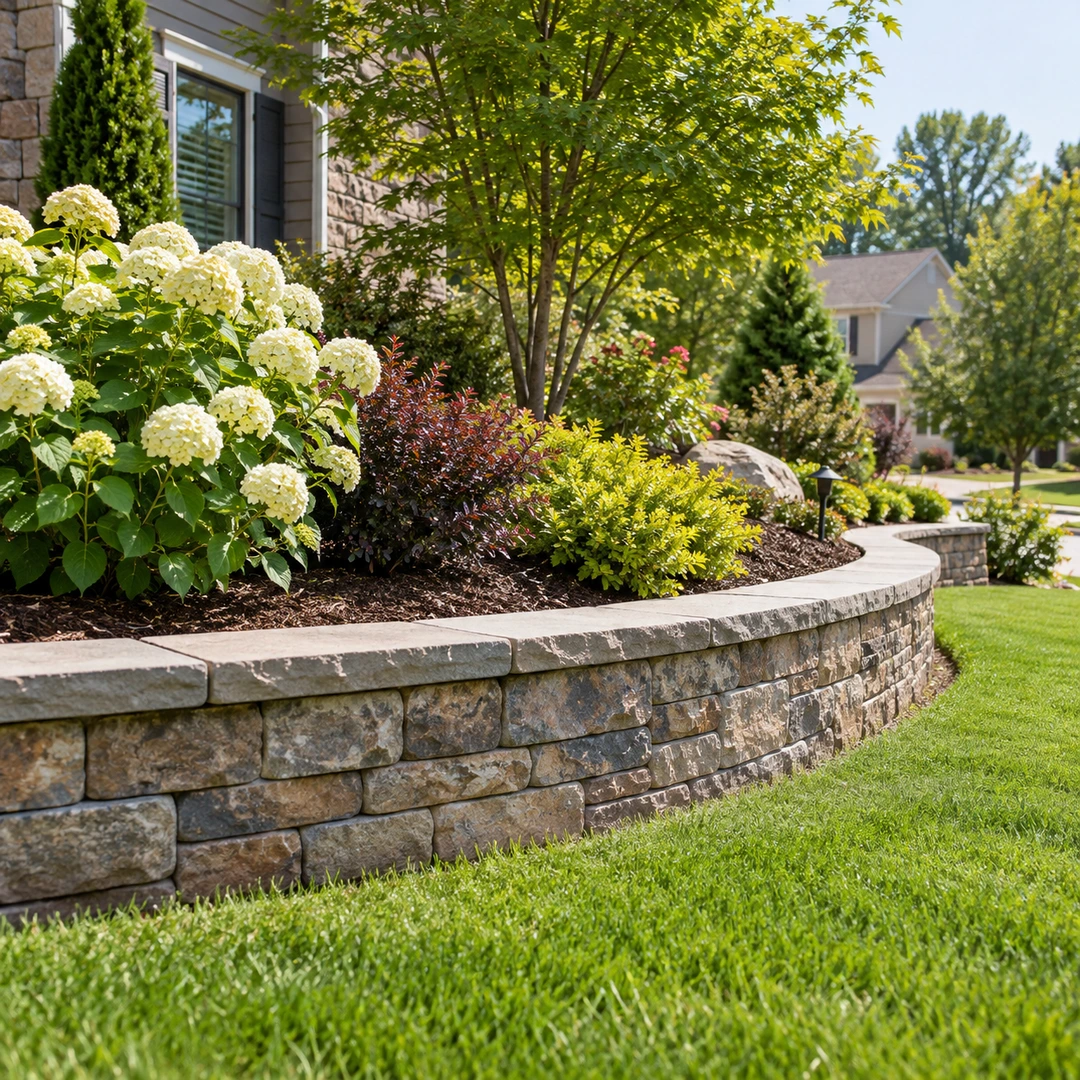 Low curved stone retaining wall forming a planted garden edge