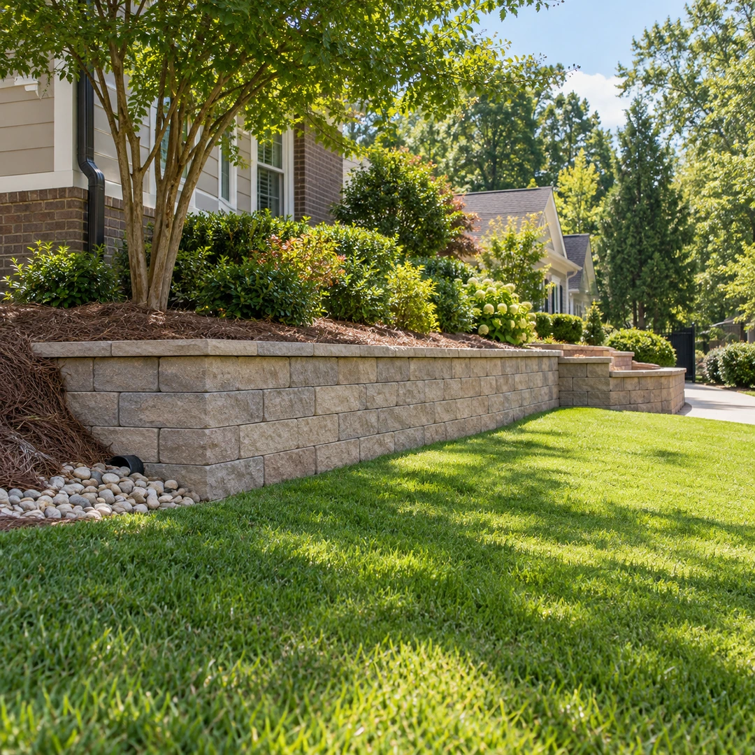 Low garden wall beside a gently sloping lawn and house
