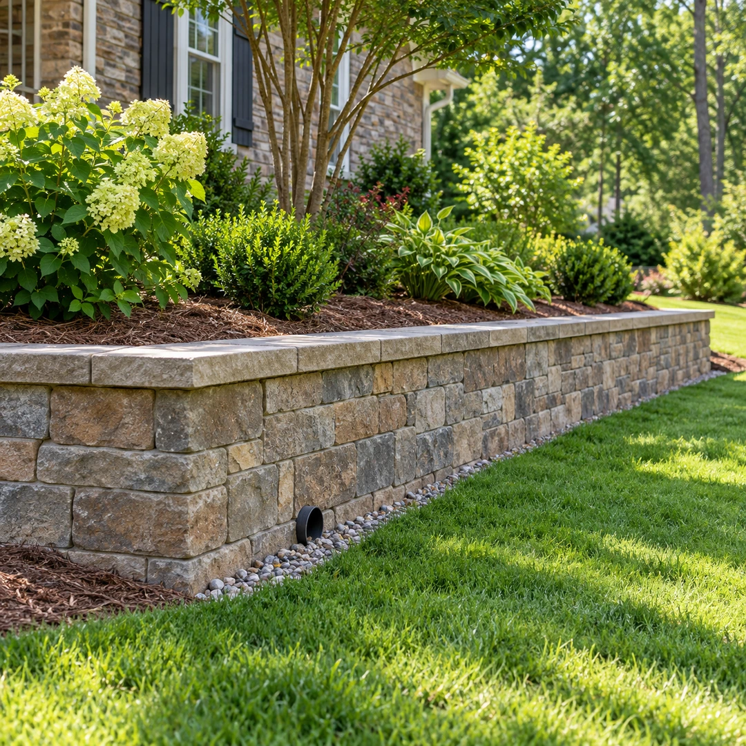 Capped stone wall with a drain outlet above gravel
