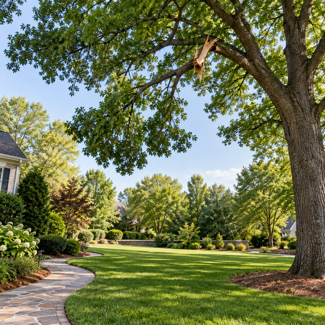 Empty lawn and garden path beneath a broken hanging limb