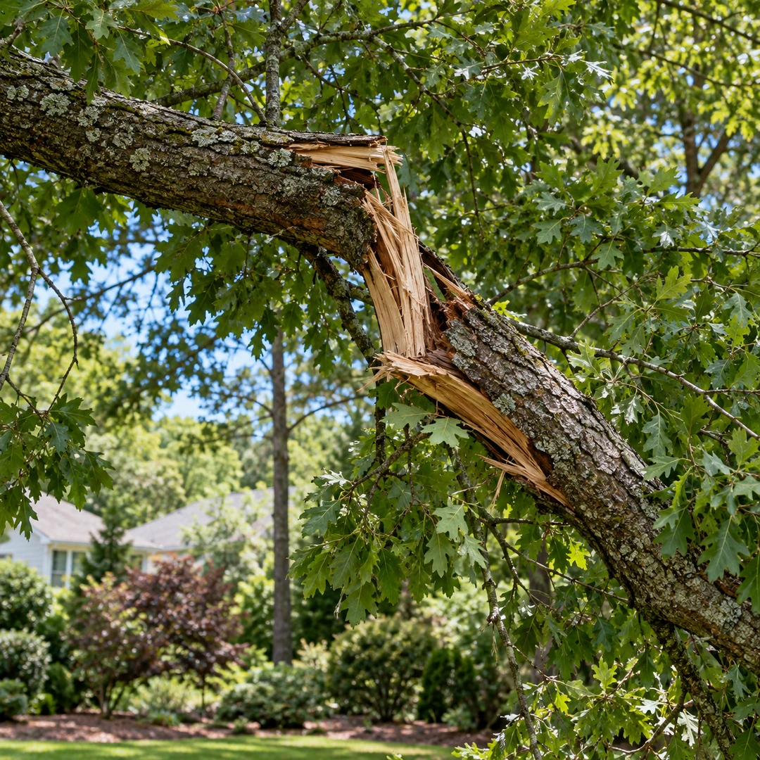 Split lateral branch hanging in a leafy tree canopy