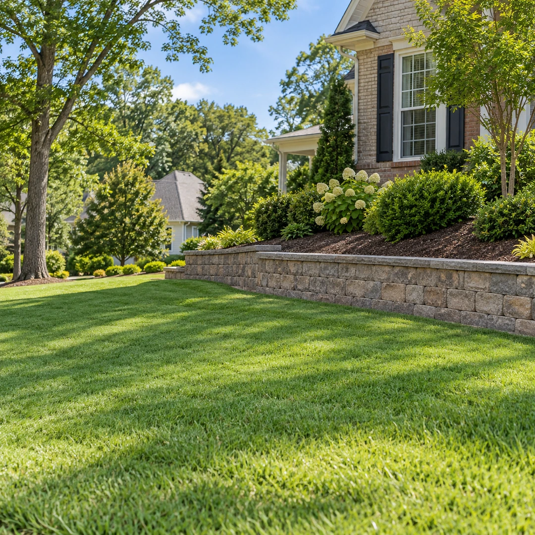 Short retaining wall supporting a gentle lawn slope