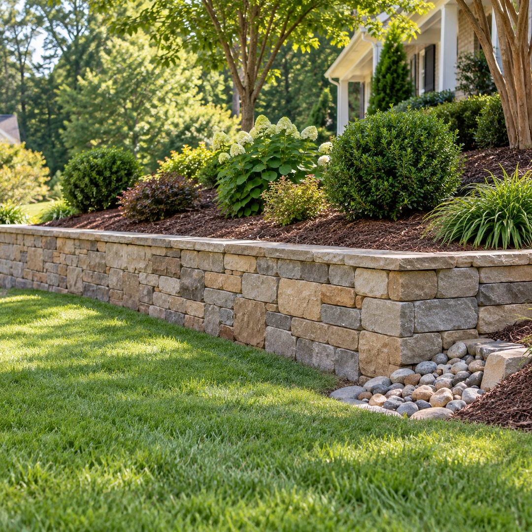 Finished stone garden wall with tidy planting and lawn