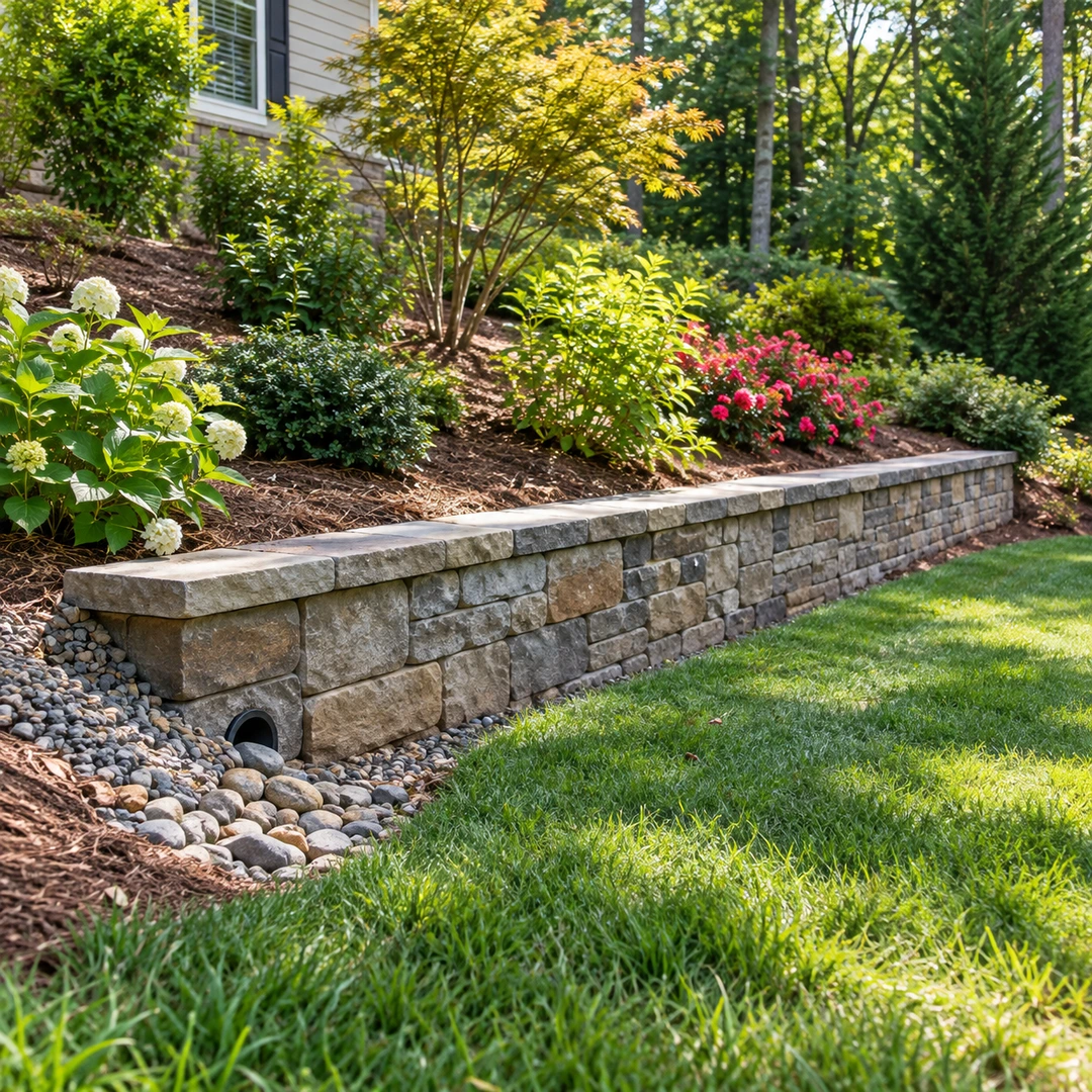 Low wall supporting planted soil above a lawn
