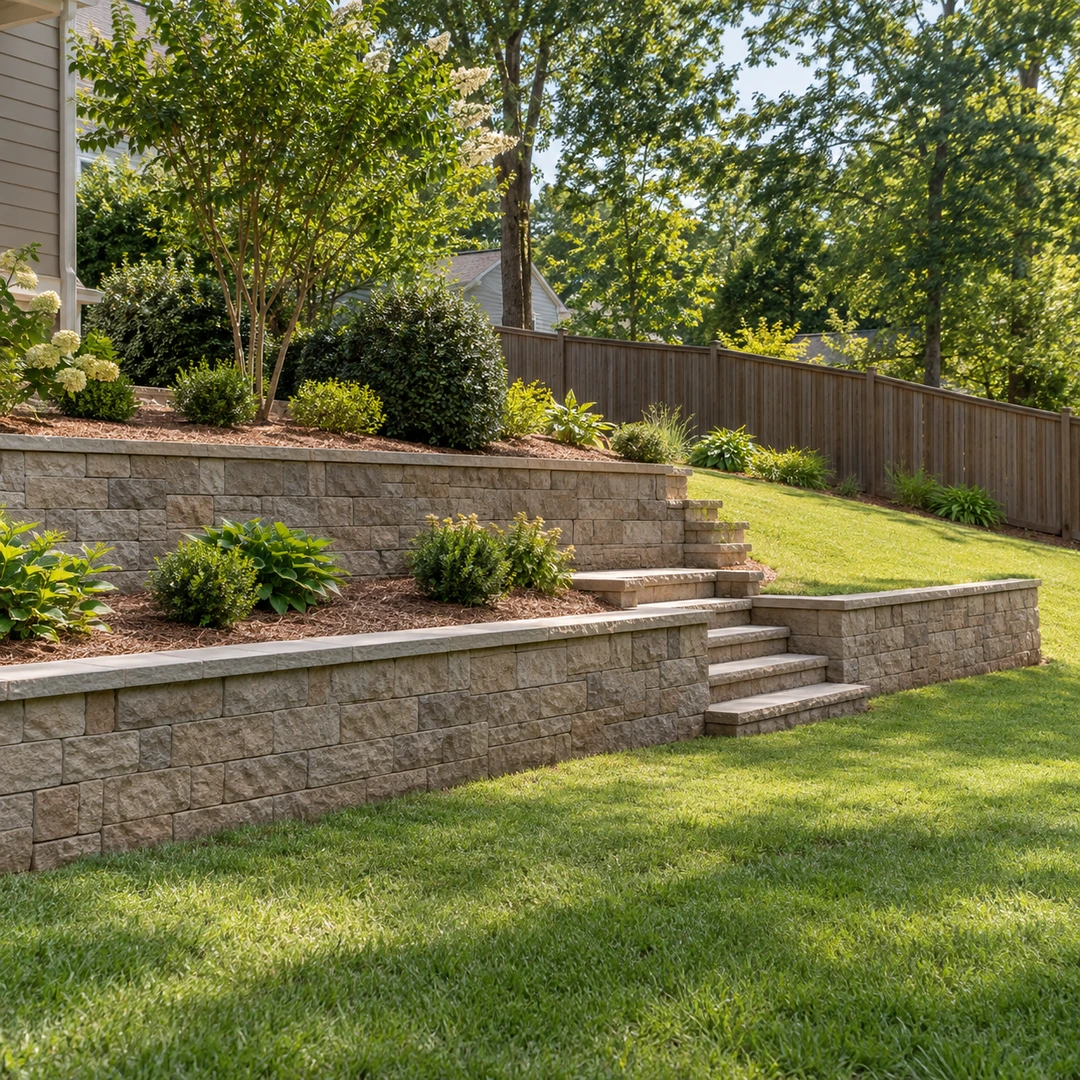 Two low masonry terraces beside a residential slope