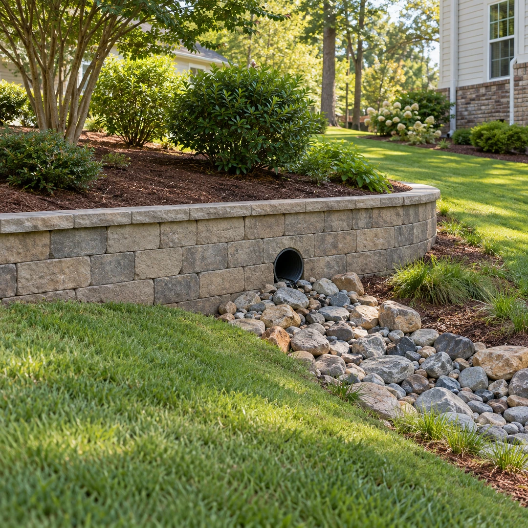 Retaining wall outlet above a rock protected receiving swale