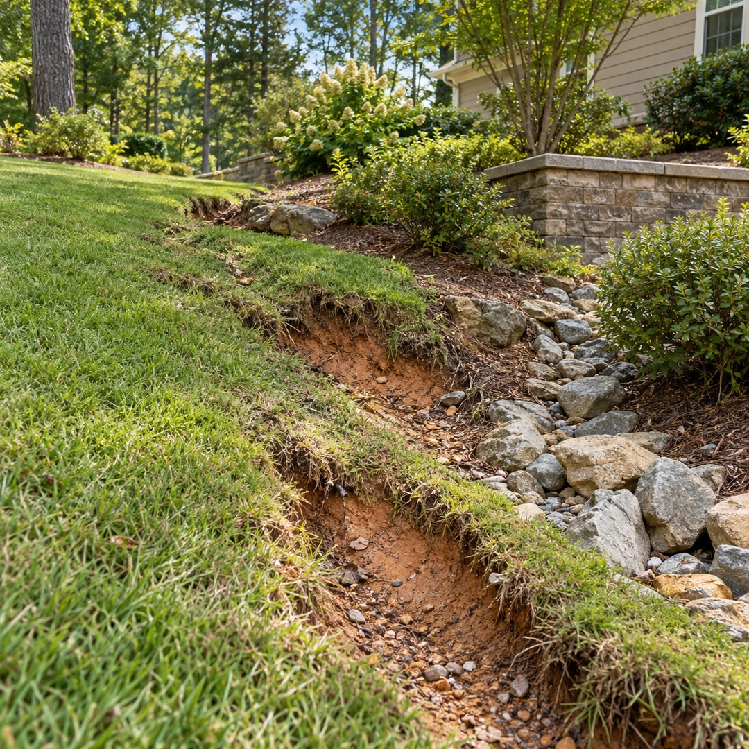 Shallow erosion groove exposing clay on a residential slope