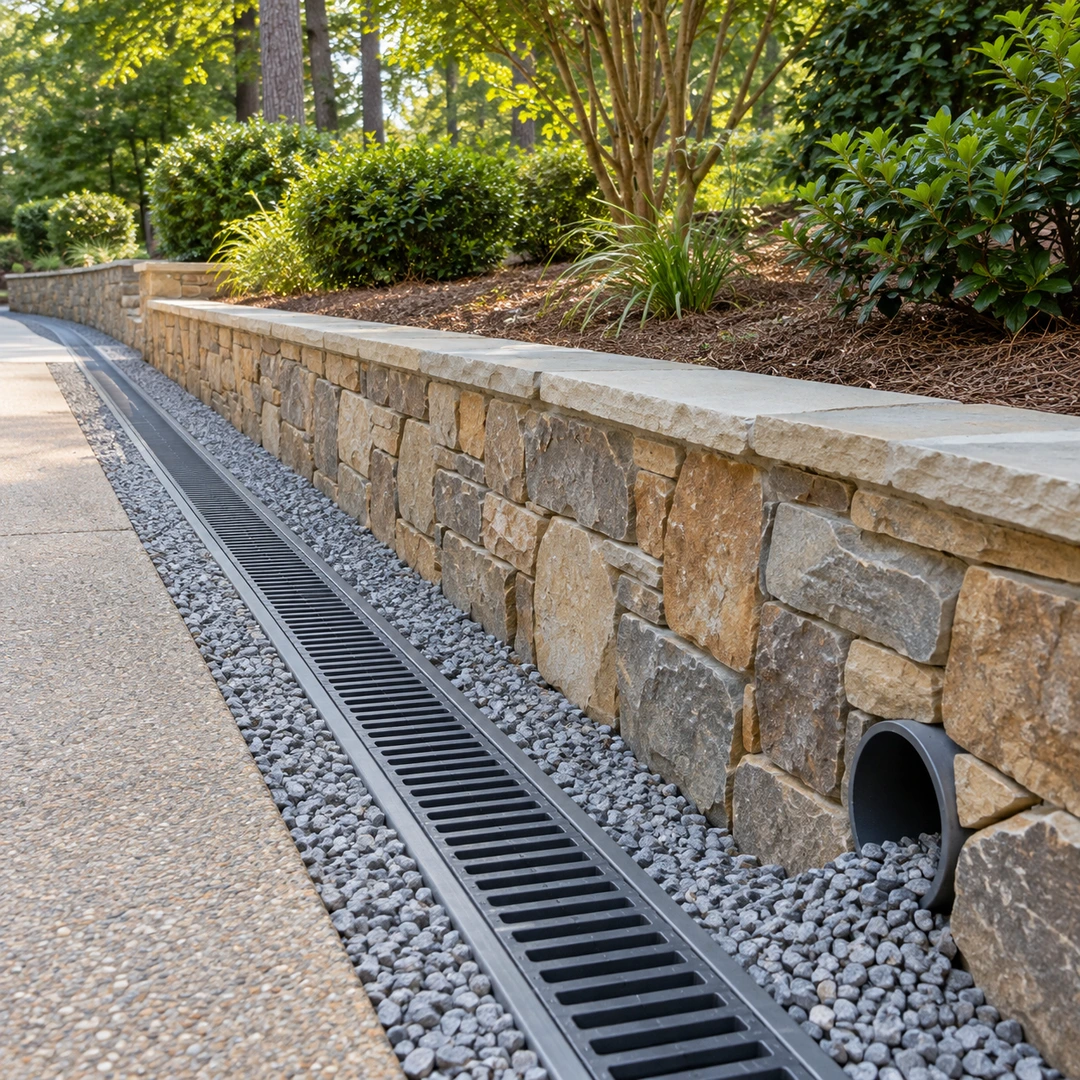 Grated surface drain beside a stone wall and separate pipe outlet