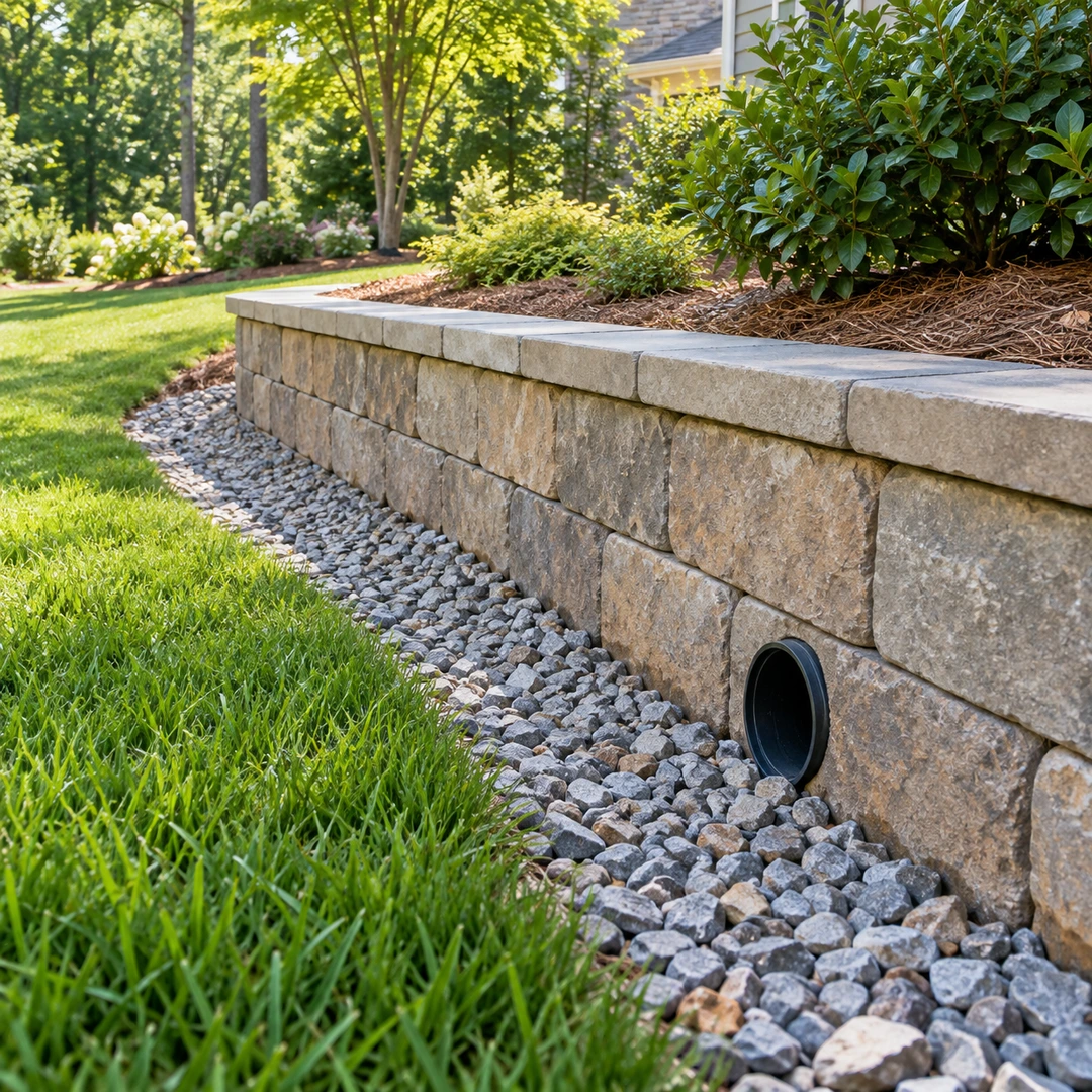 Round wall drain outlet above a gravel channel