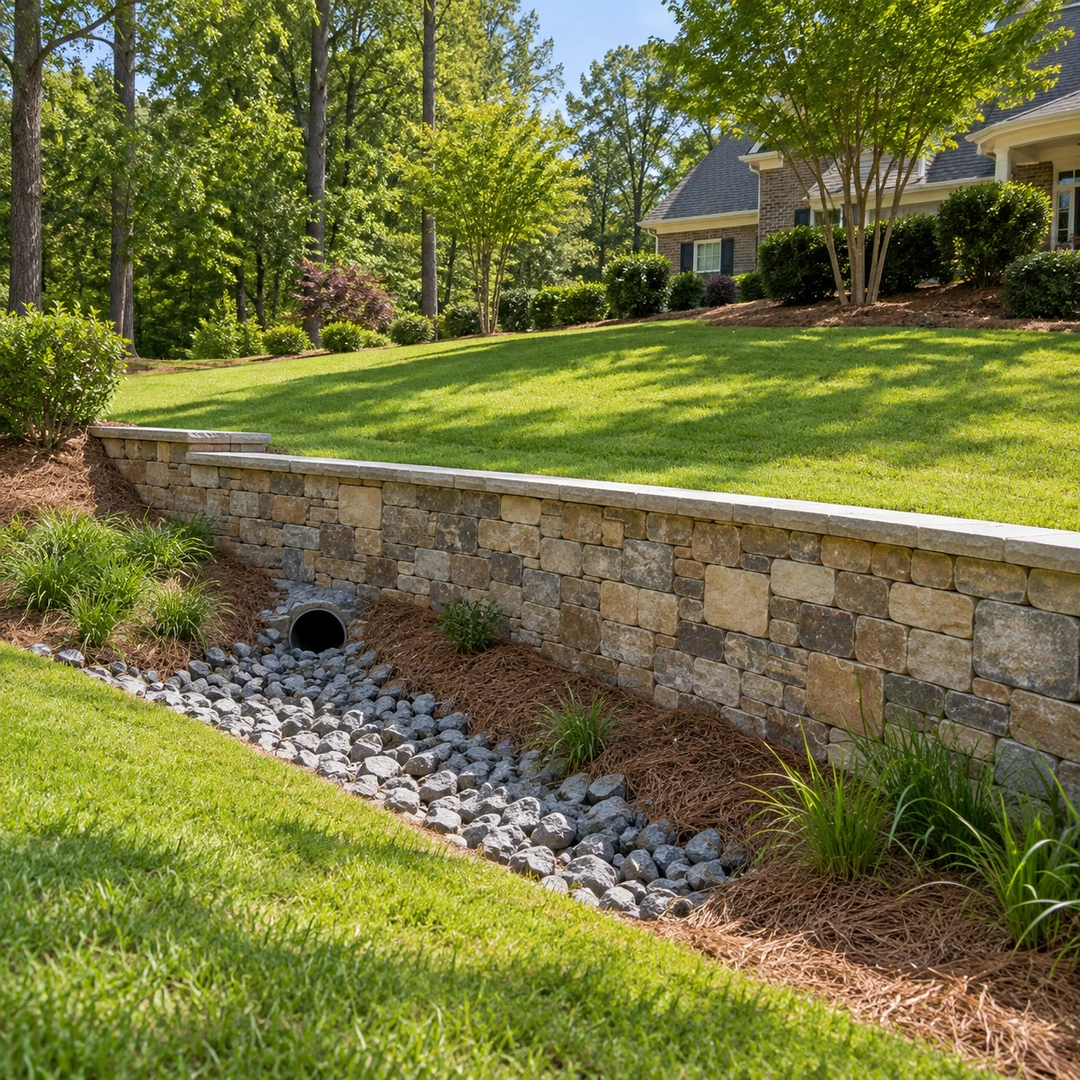 Short retaining wall with open lawn and a drainage receiving bed