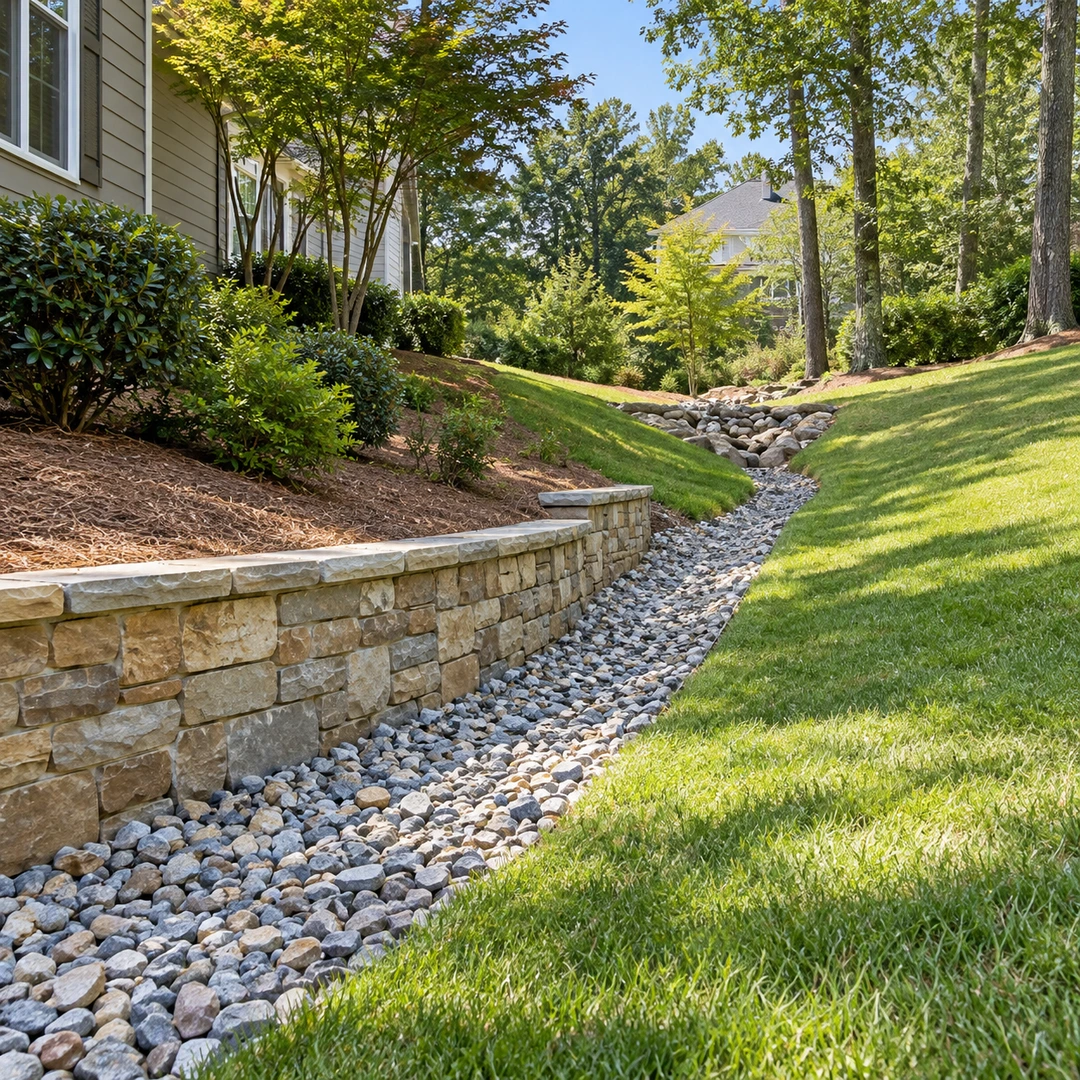 Low retaining wall beside a sloped lawn and gravel drainage route