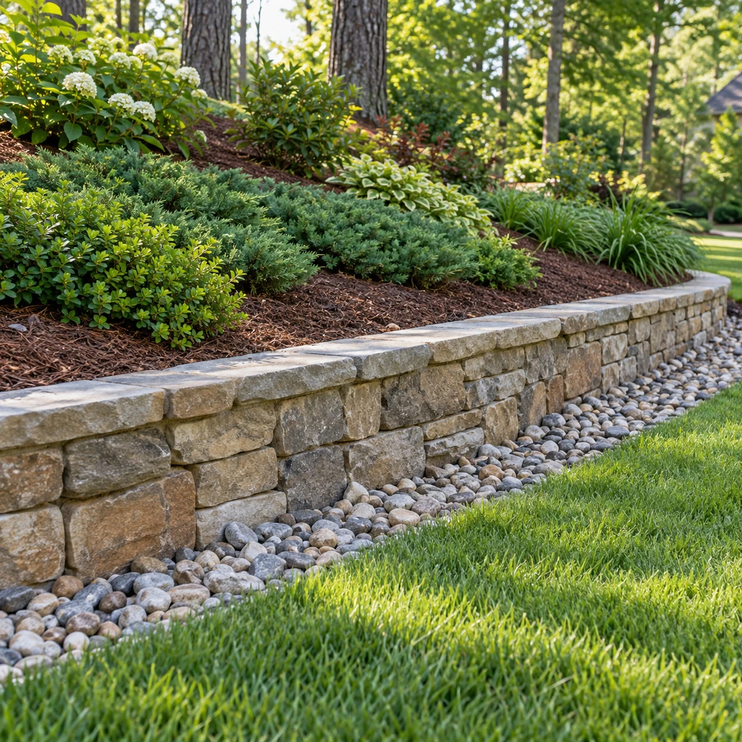 Ground cover and mulch protecting soil above a low stone wall