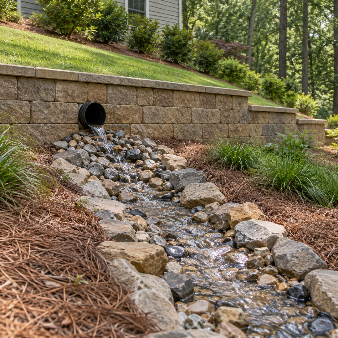 Water flowing from a wall outlet through a rock lined channel