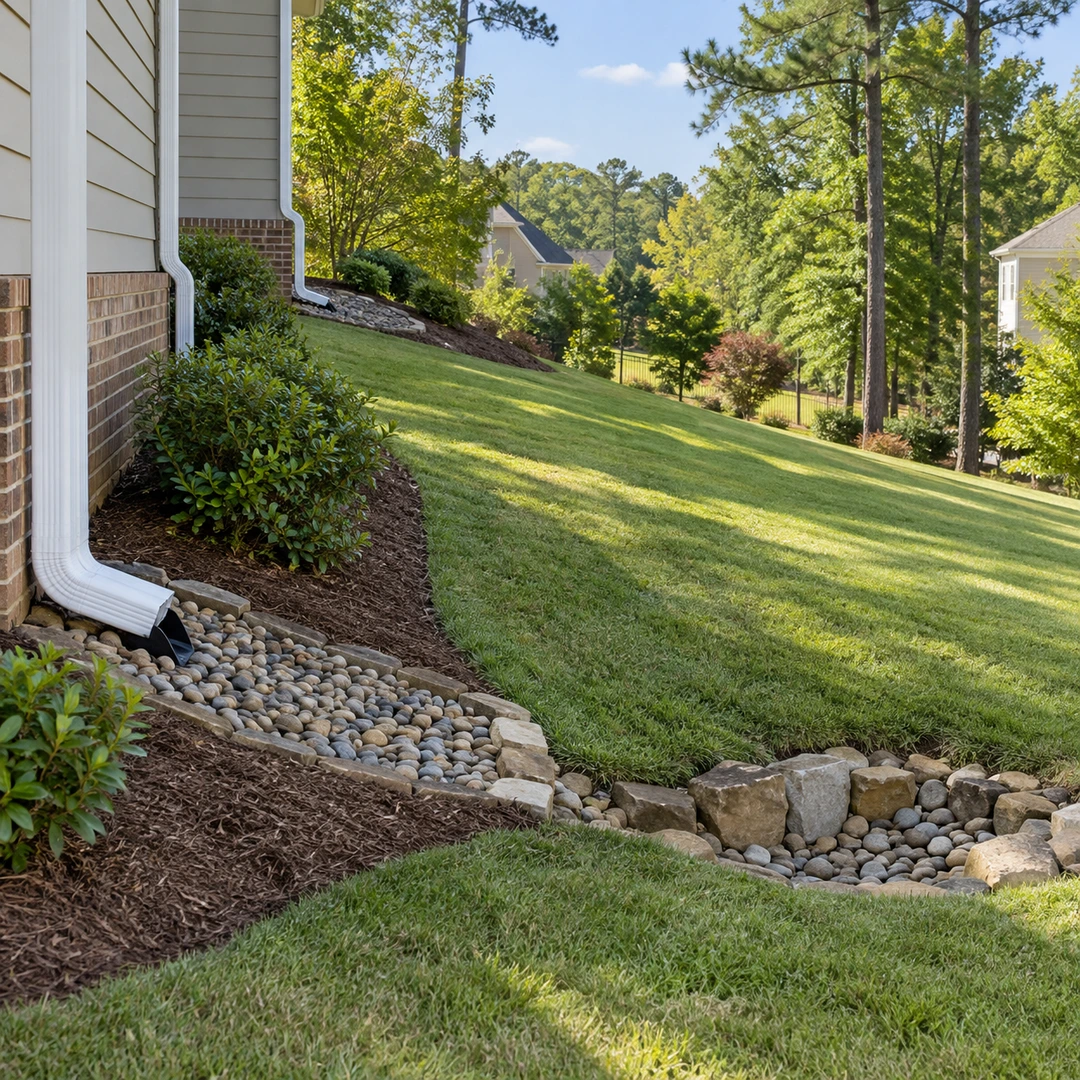 Downspout and sloping side lawn near a stone receiving area
