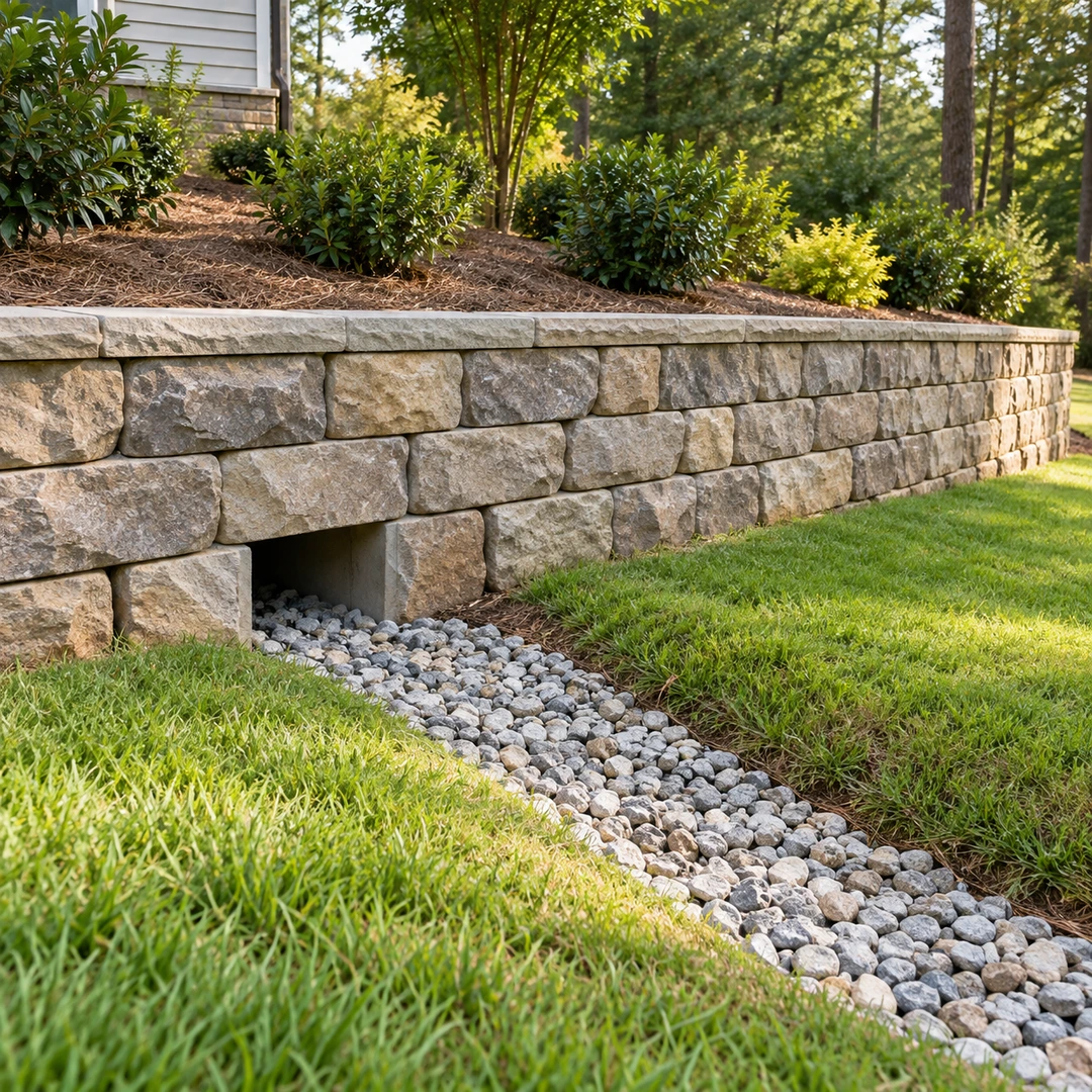Open masonry drainage outlet leading to a clear gravel channel