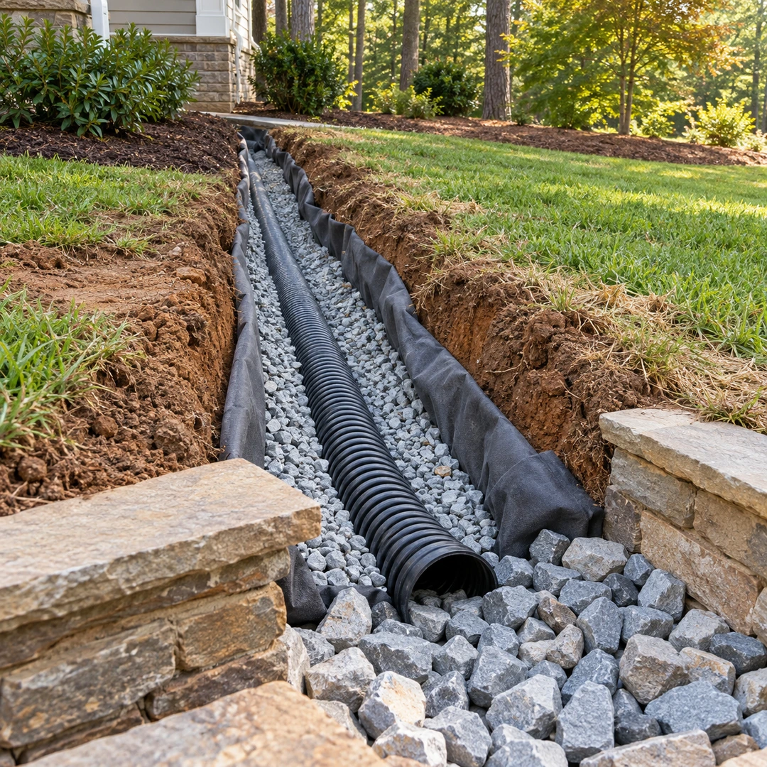 Fabric lined gravel trench with drainage pipe and lower outlet