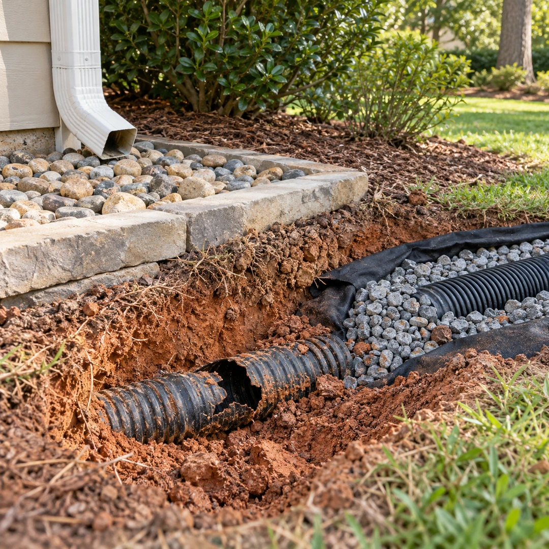 Broken corrugated drain pipe exposed near a downspout