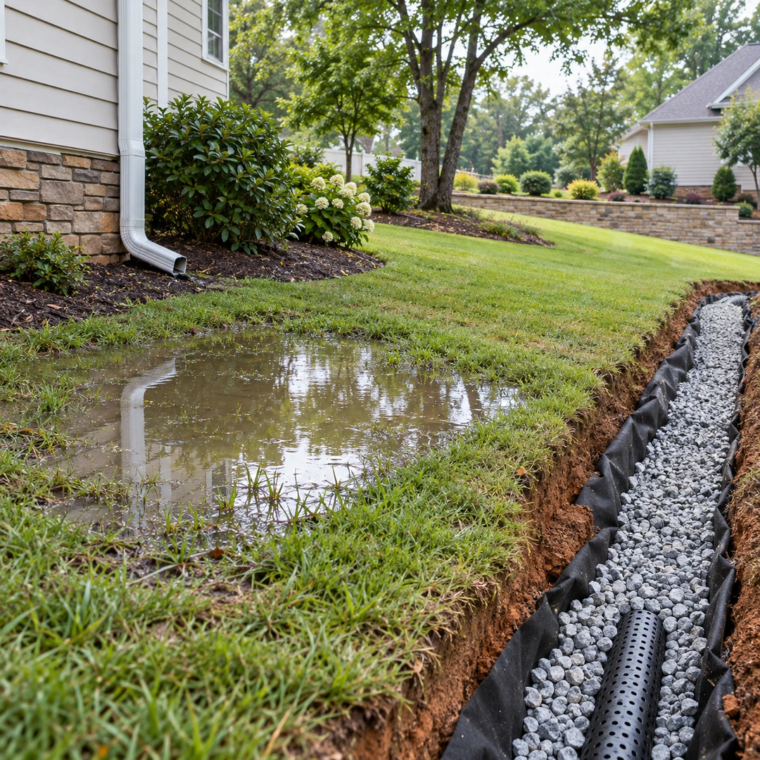 Water pooling in a lawn beside an open drain trench
