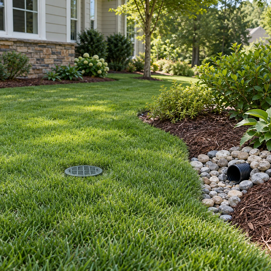 Flush lawn drain cover with a stone protected outlet nearby