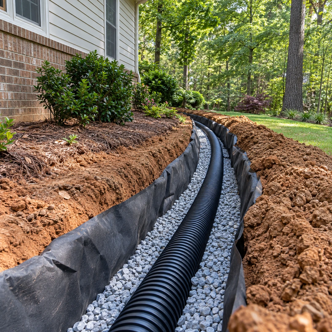 Fabric lined drainage trench near a sound house foundation