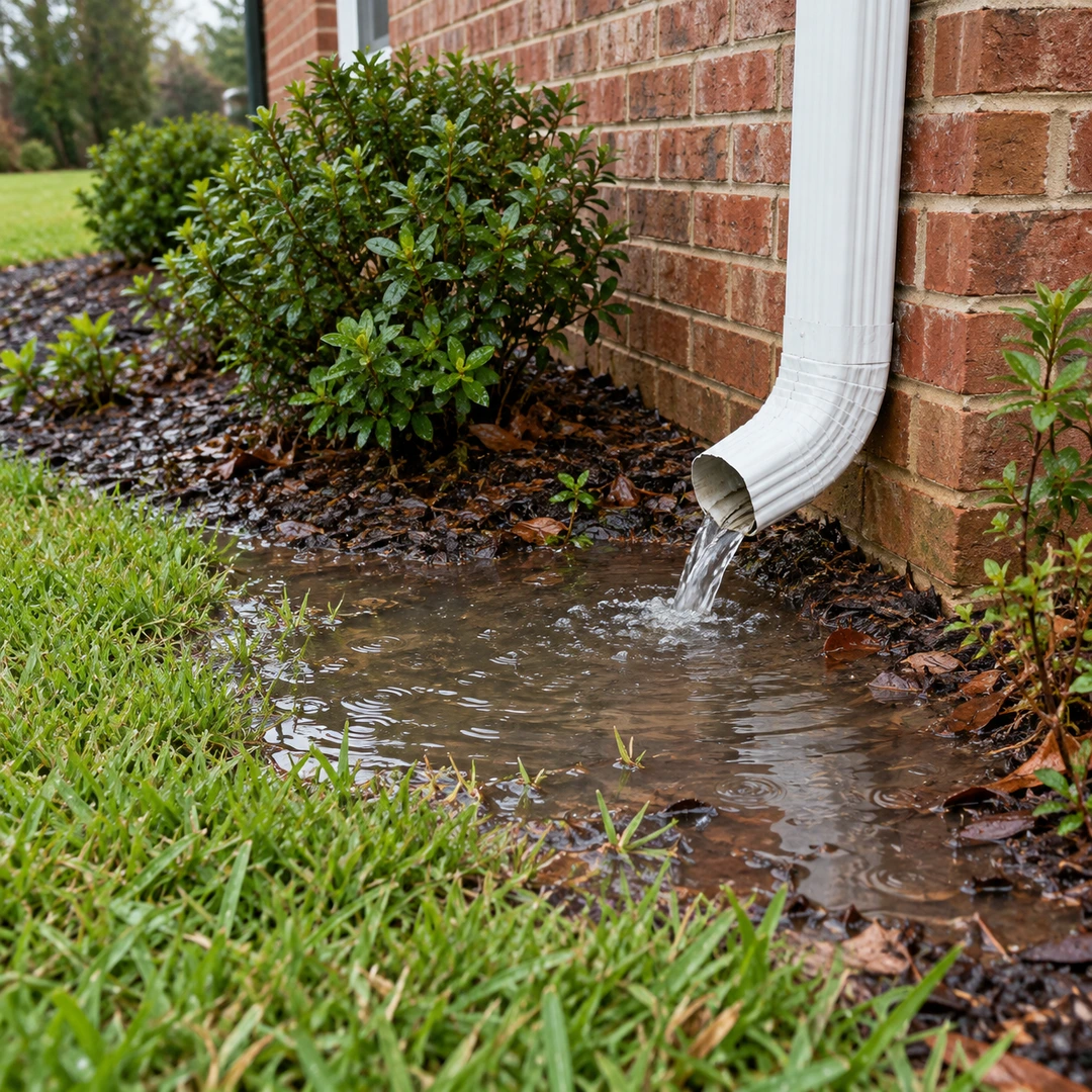 Rainwater pooling beside a downspout and brick house