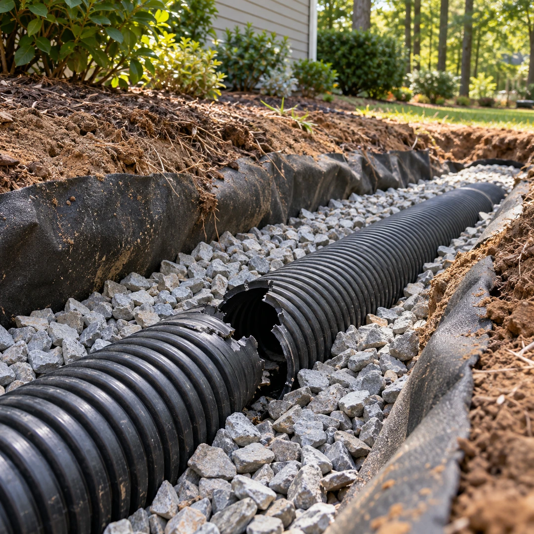 Split drainage pipe surrounded by gravel in a trench